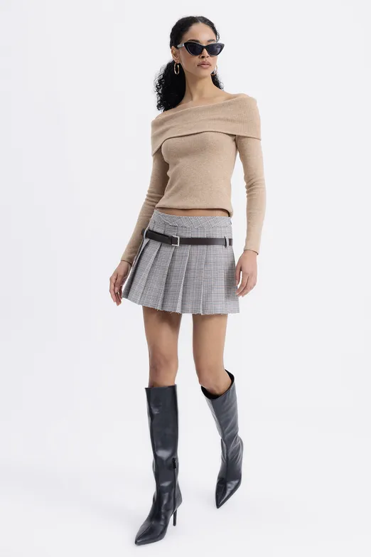 Bayan Gri Kemerli Duble Pilili Mini Etek - BSL