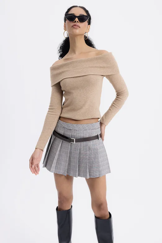 Bayan Gri Kemerli Duble Pilili Mini Etek - BSL