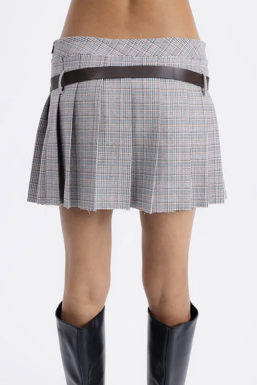 Bayan Gri Kemerli Duble Pilili Mini Etek - BSL