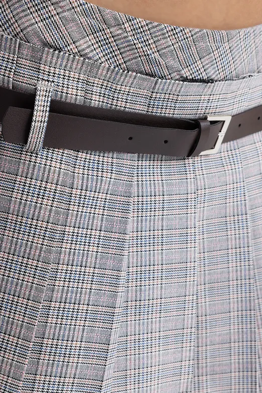 Bayan Gri Kemerli Duble Pilili Mini Etek - BSL