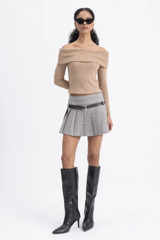 Bayan Gri Kemerli Duble Pilili Mini Etek - BSL