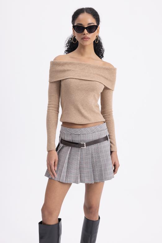 Bayan  Kemerli Duble Pilili Mini Etek