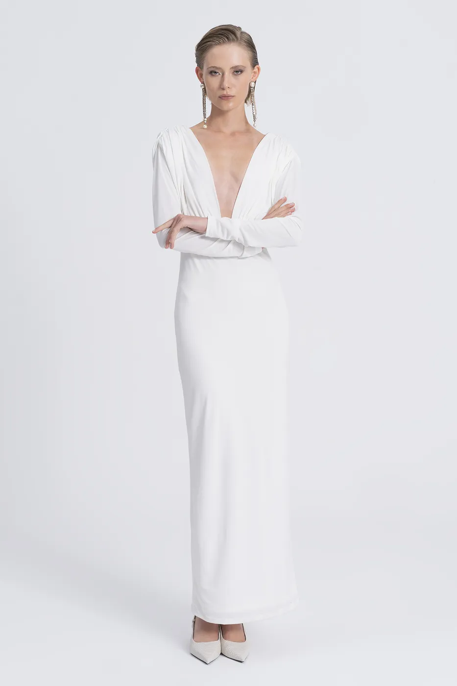 Bayan Ekru V Yaka Maksi Elbise