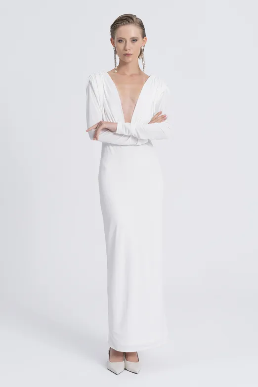 Bayan Ekru V Yaka Maksi Elbise - BSL