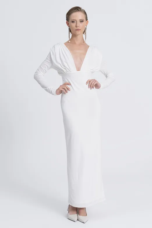 Bayan Ekru V Yaka Maksi Elbise - BSL