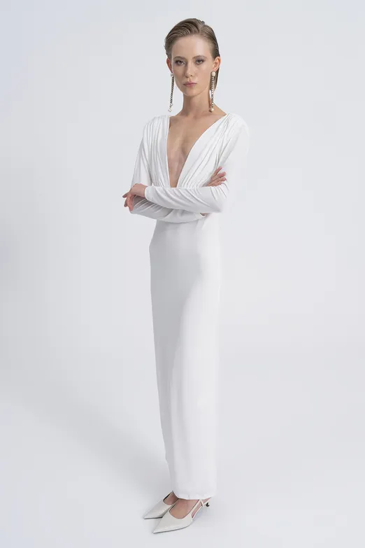 Bayan Ekru V Yaka Maksi Elbise - BSL