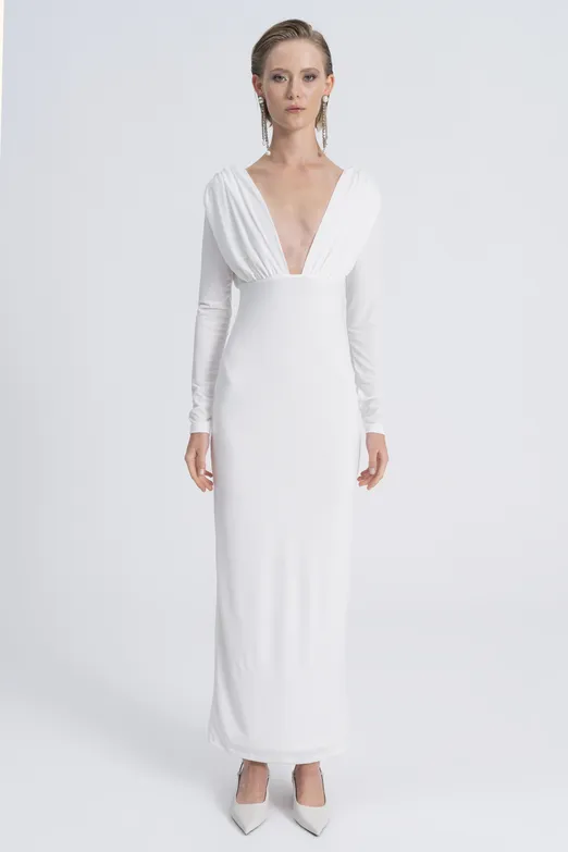Bayan Ekru V Yaka Maksi Elbise - BSL