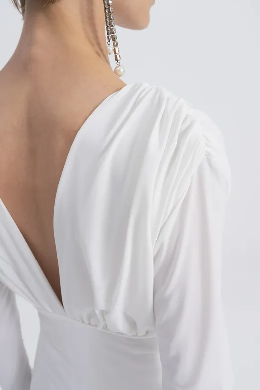 Bayan Ekru V Yaka Maksi Elbise - BSL