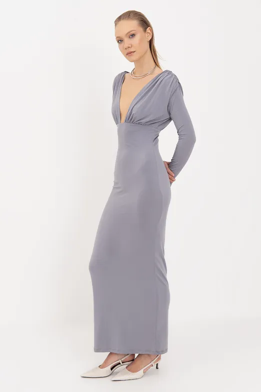 Bayan Gri V Yaka Maksi Elbise - BSL