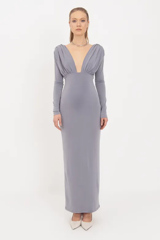Bayan Gri V Yaka Maksi Elbise - BSL