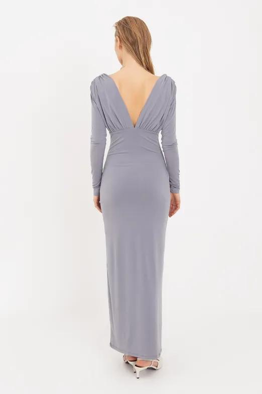 Bayan Gri V Yaka Maksi Elbise - BSL