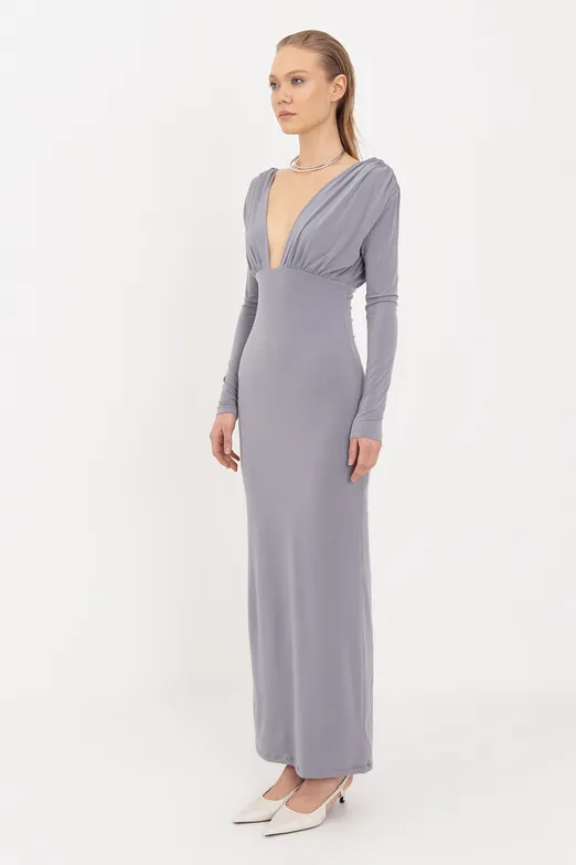 Bayan Gri V Yaka Maksi Elbise - BSL