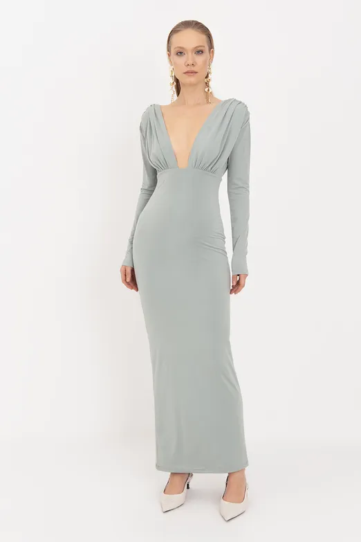 Bayan Yeşil V Yaka Maksi Elbise - BSL