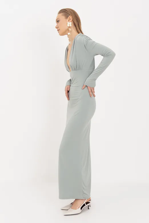 Bayan Yeşil V Yaka Maksi Elbise - BSL