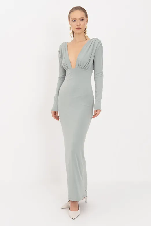 Bayan Yeşil V Yaka Maksi Elbise - BSL
