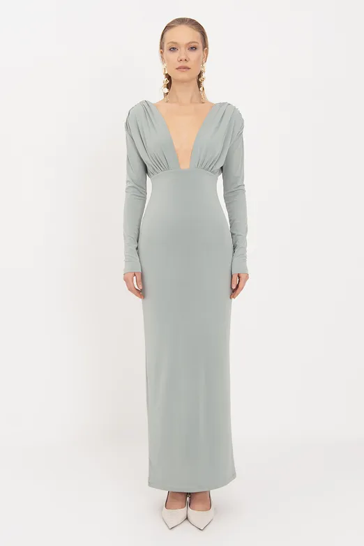 Bayan Yeşil V Yaka Maksi Elbise - BSL