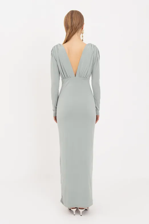Bayan Yeşil V Yaka Maksi Elbise - BSL