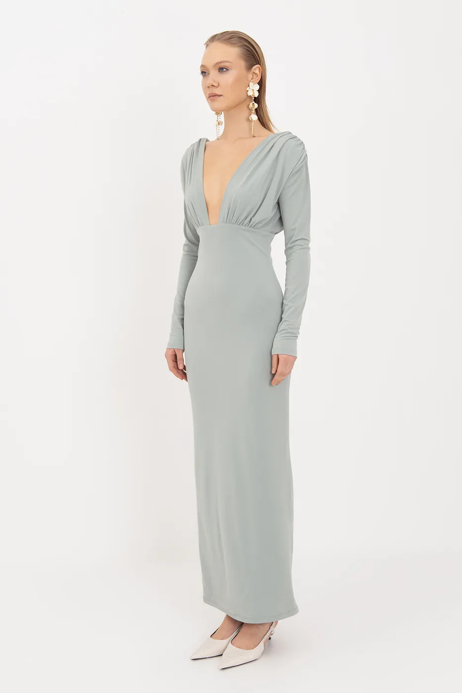 Bayan Yeşil V Yaka Maksi Elbise