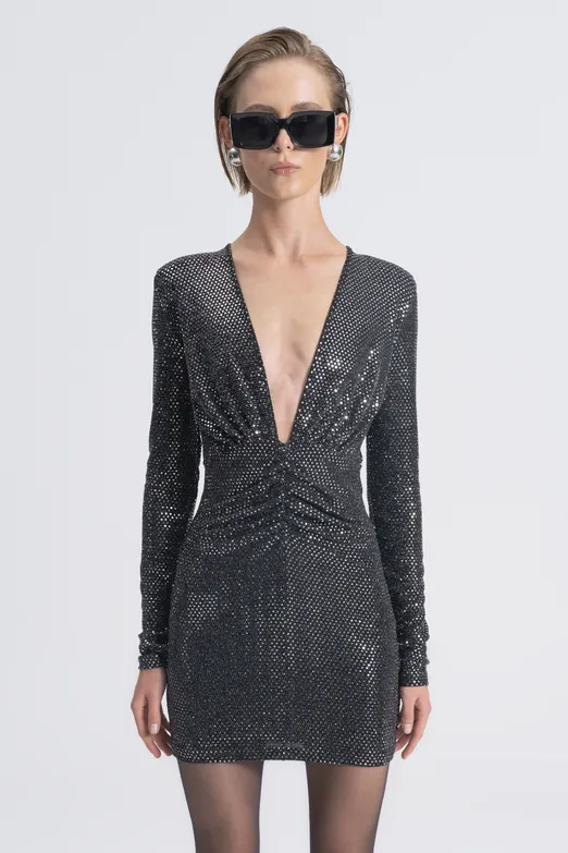 Bayan Gümüş Pulpayet Detaylı Drapeli Mini Elbise - BSL