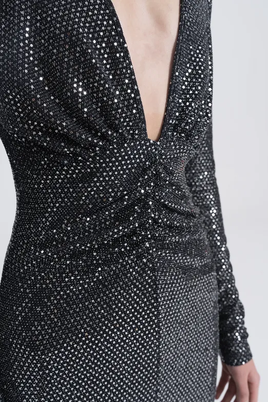 Bayan Gümüş Pulpayet Detaylı Drapeli Mini Elbise - BSL