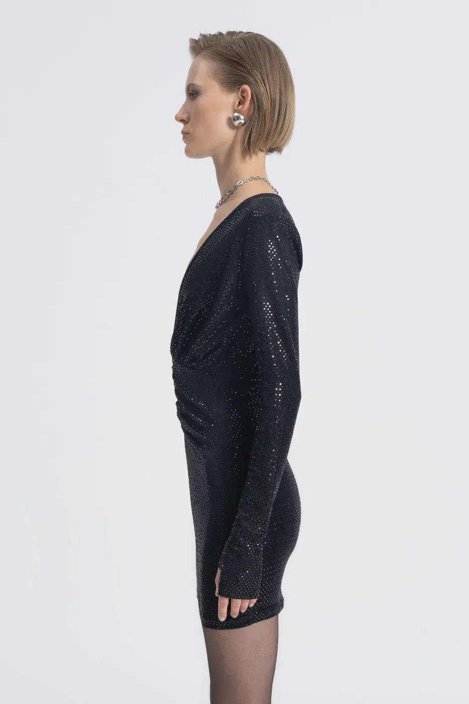 Bayan Siyah Pulpayet Detaylı Drapeli Mini Elbise