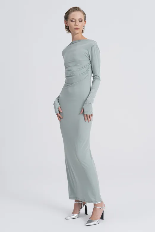 Bayan Yeşil Kayık Yaka Sırt Dekolteli Maksi Elbise - BSL