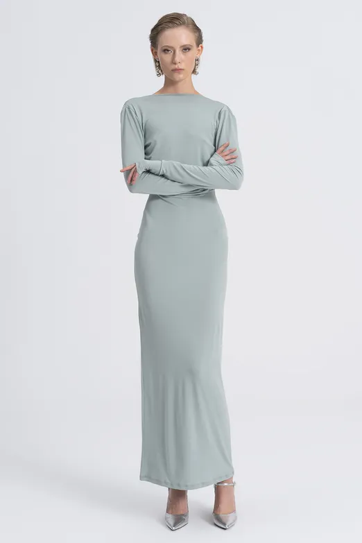 Bayan Yeşil Kayık Yaka Sırt Dekolteli Maksi Elbise - BSL