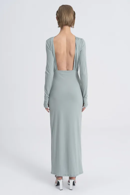 Bayan Yeşil Kayık Yaka Sırt Dekolteli Maksi Elbise - BSL