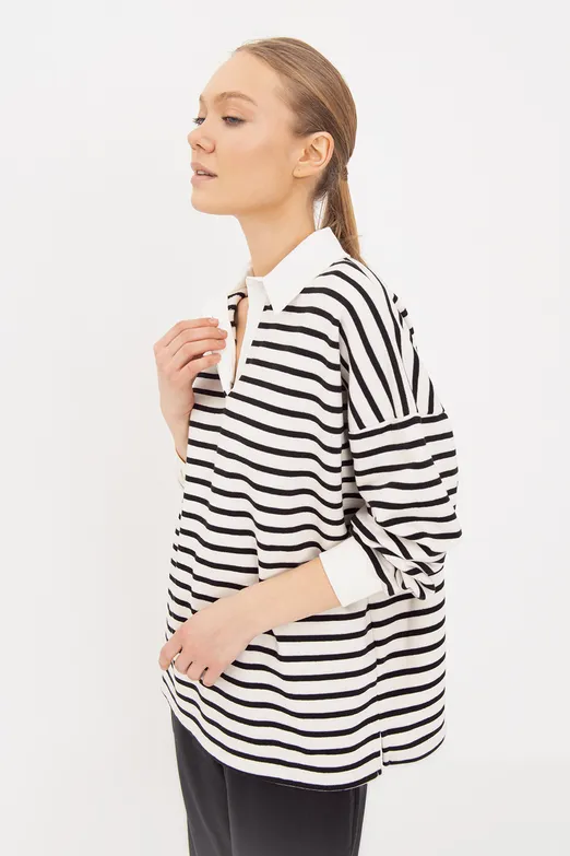 Bayan Siyah Oversize Çizgili  Sweatshirt - BSL