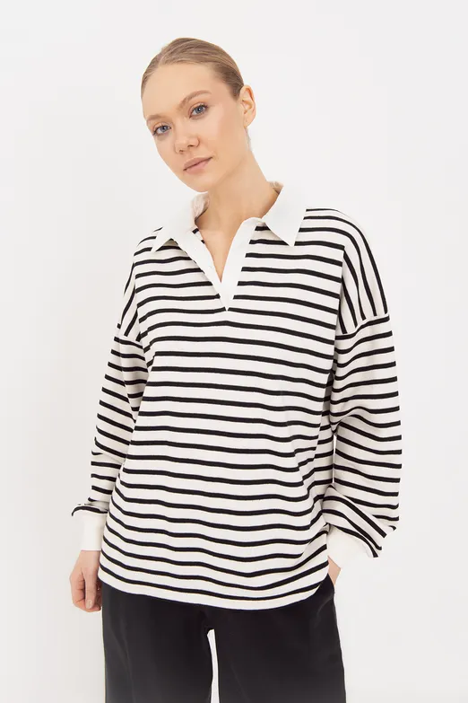 Bayan Siyah Oversize Çizgili  Sweatshirt - BSL