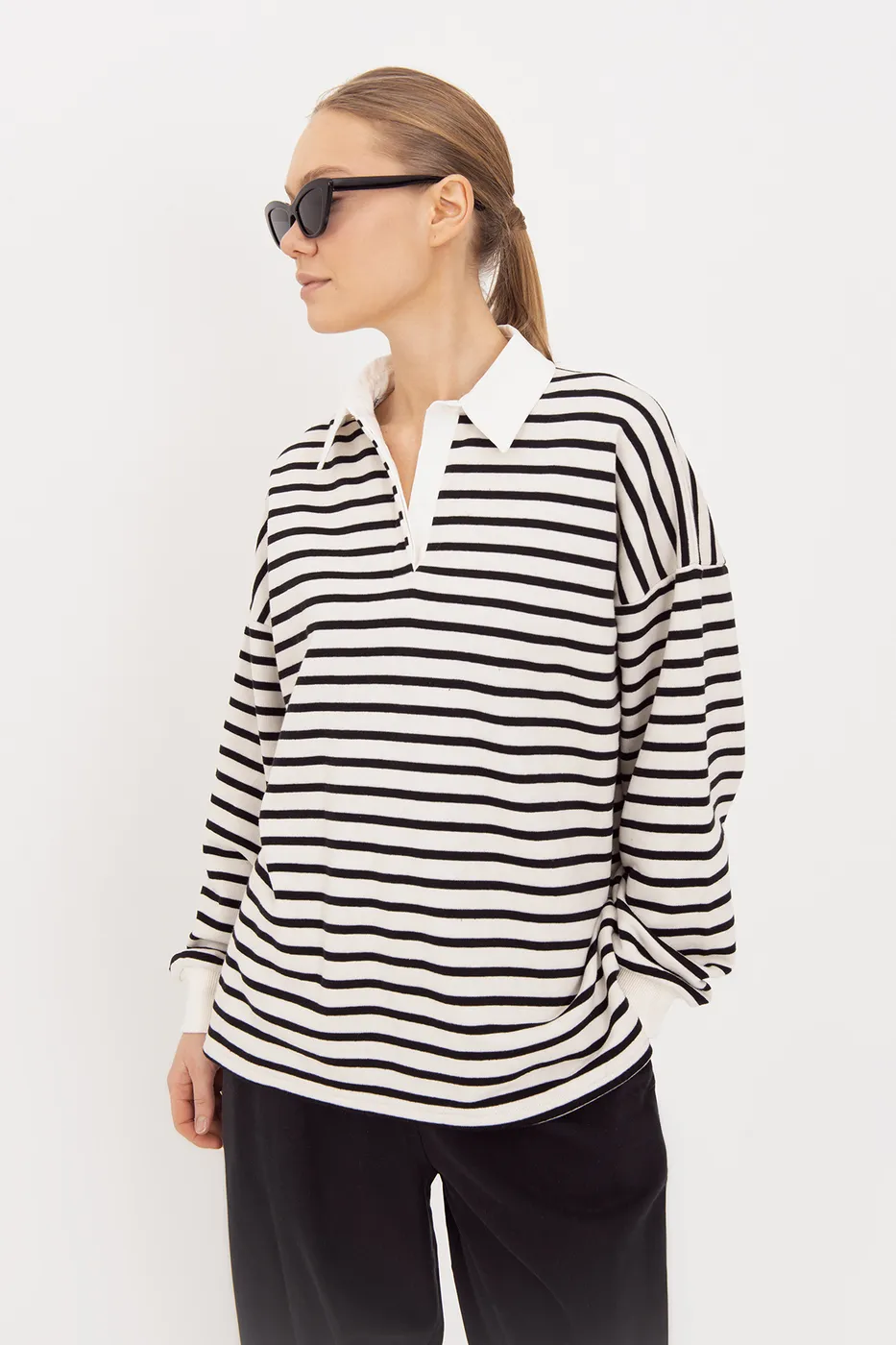Bayan Siyah Oversize Çizgili  Sweatshirt