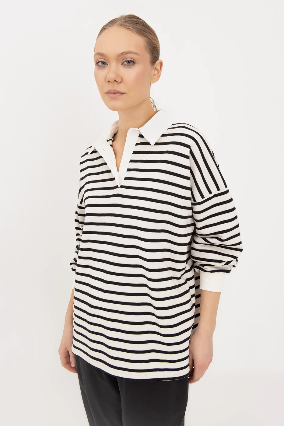 Bayan Siyah Oversize Çizgili  Sweatshirt