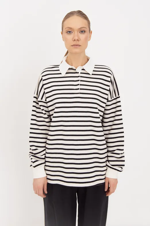 Bayan Siyah Oversize Çizgili  Sweatshirt - BSL