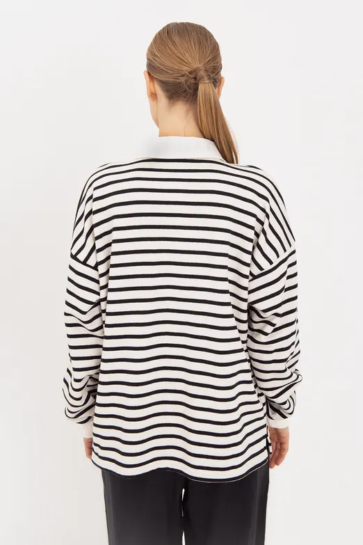 Bayan Siyah Oversize Çizgili  Sweatshirt - BSL
