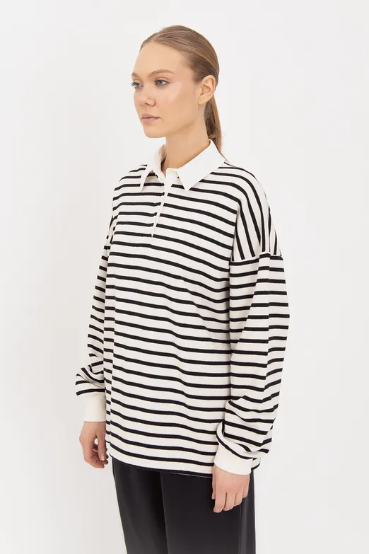 Bayan Siyah Oversize Çizgili  Sweatshirt - BSL