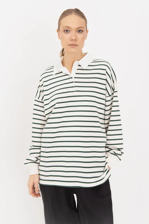 Bayan Yeşil Oversize Çizgili  Sweatshirt - BSL