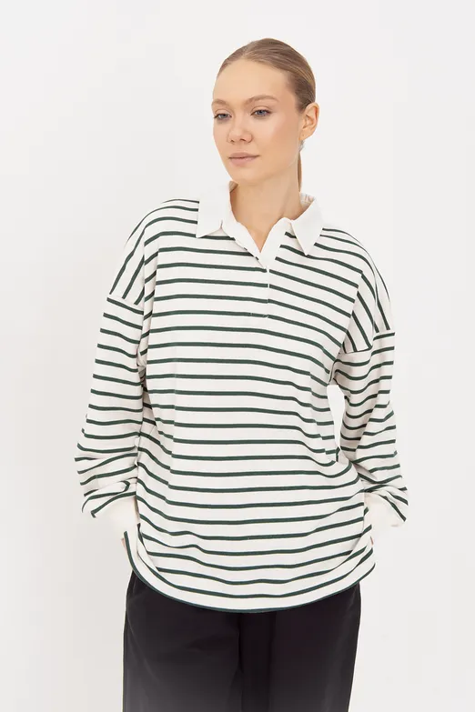 Bayan Yeşil Oversize Çizgili  Sweatshirt - BSL