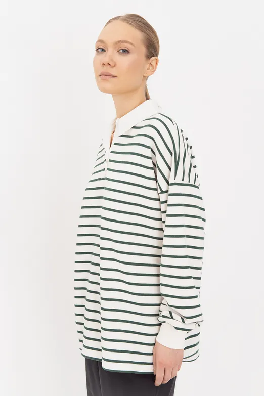 Bayan Yeşil Oversize Çizgili  Sweatshirt - BSL