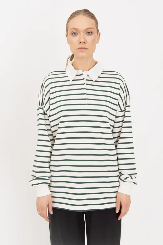 Bayan Yeşil Oversize Çizgili  Sweatshirt - BSL