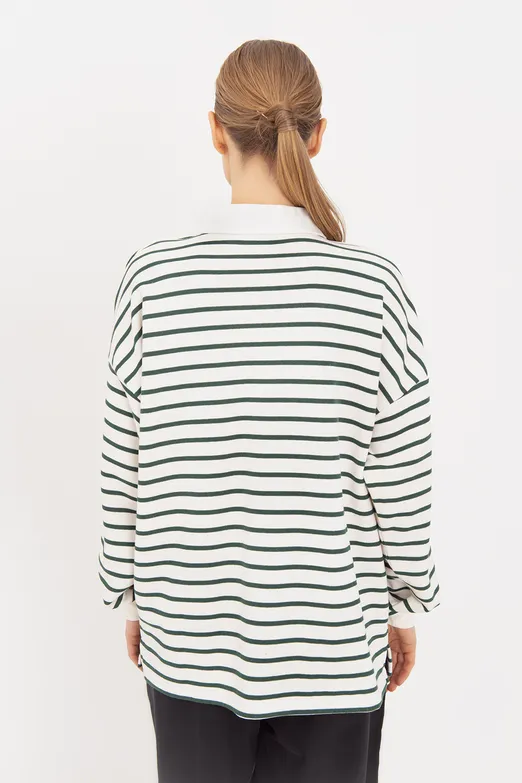 Bayan Yeşil Oversize Çizgili  Sweatshirt - BSL