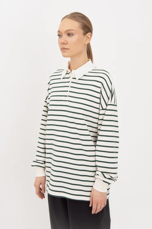 Bayan Yeşil Oversize Çizgili  Sweatshirt - BSL