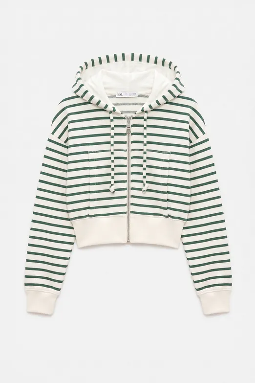 Bayan Yeşil Kapişonlu Crop Sweatshirt - BSL
