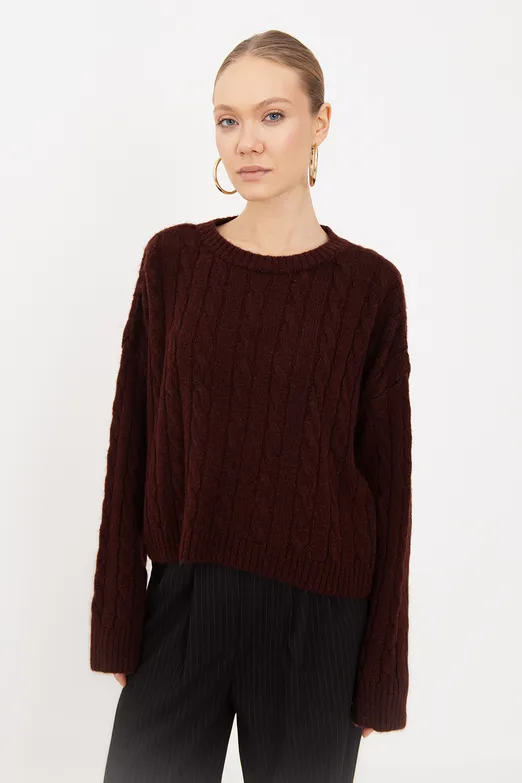 Bayan Bordo Saç Örgülü Kazak - BSL