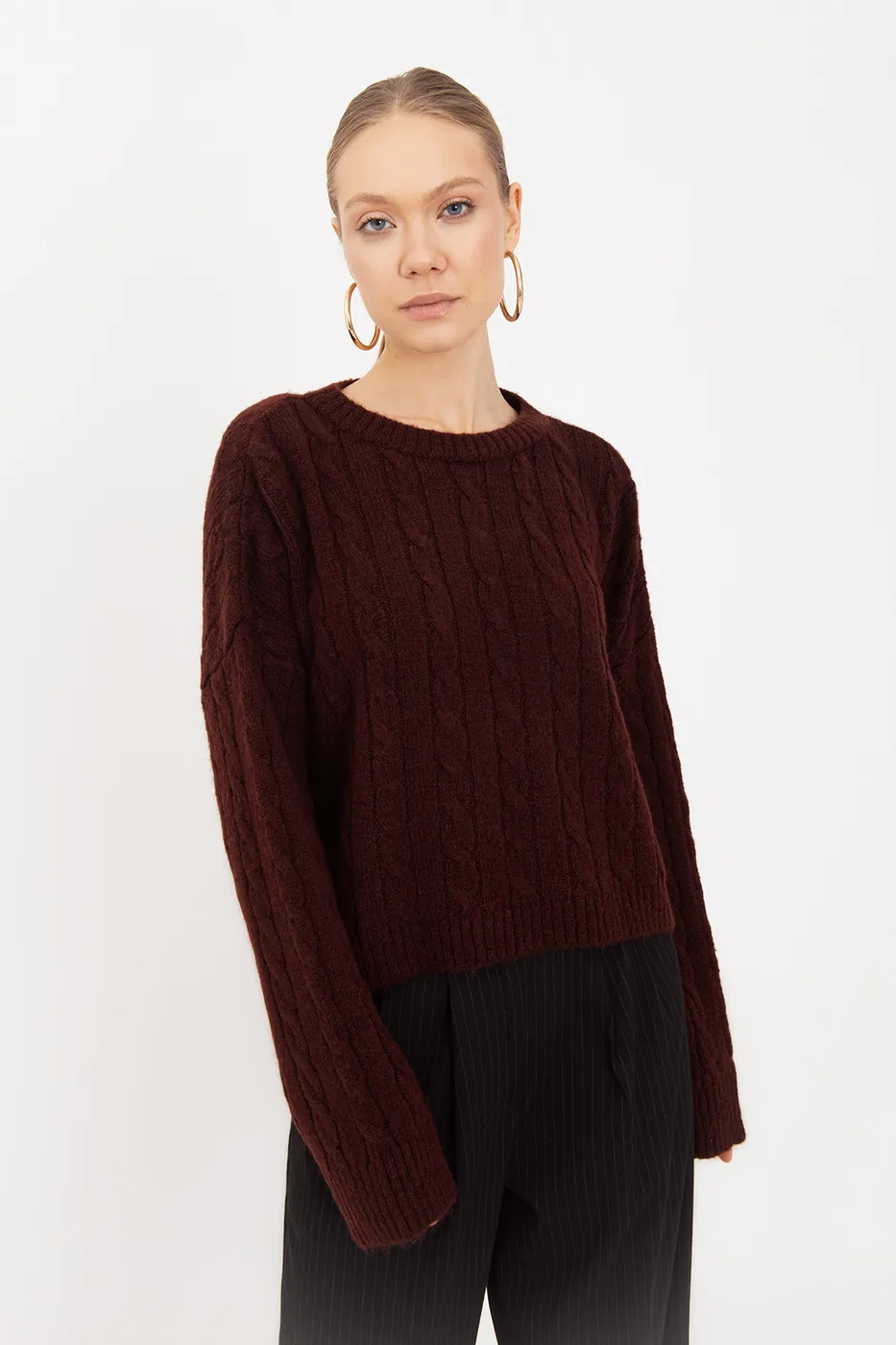 Bayan Bordo Saç Örgülü Kazak