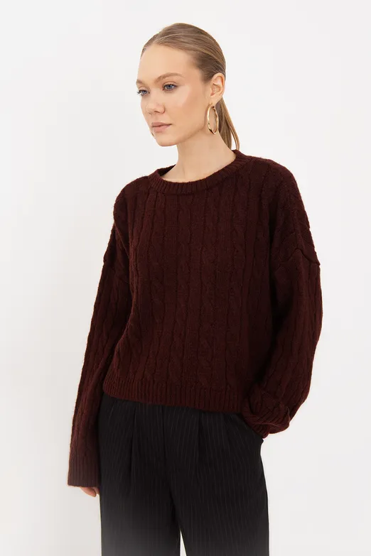 Bayan Bordo Saç Örgülü Kazak - BSL