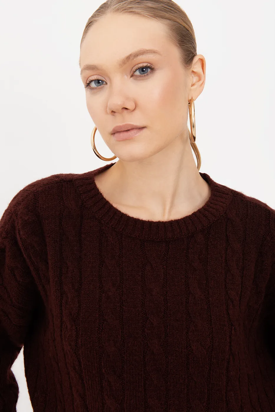 Bayan Bordo Saç Örgülü Kazak