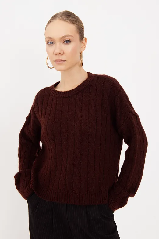 Bayan Bordo Saç Örgülü Kazak - BSL