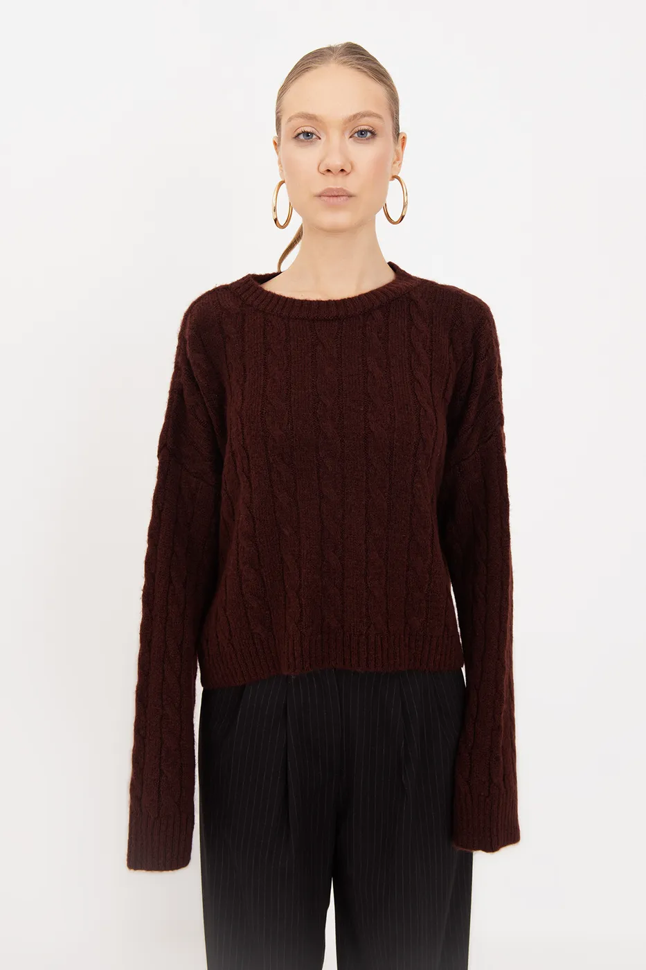 Bayan Bordo Saç Örgülü Kazak