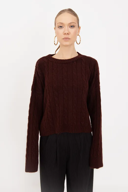 Bayan Bordo Saç Örgülü Kazak - BSL