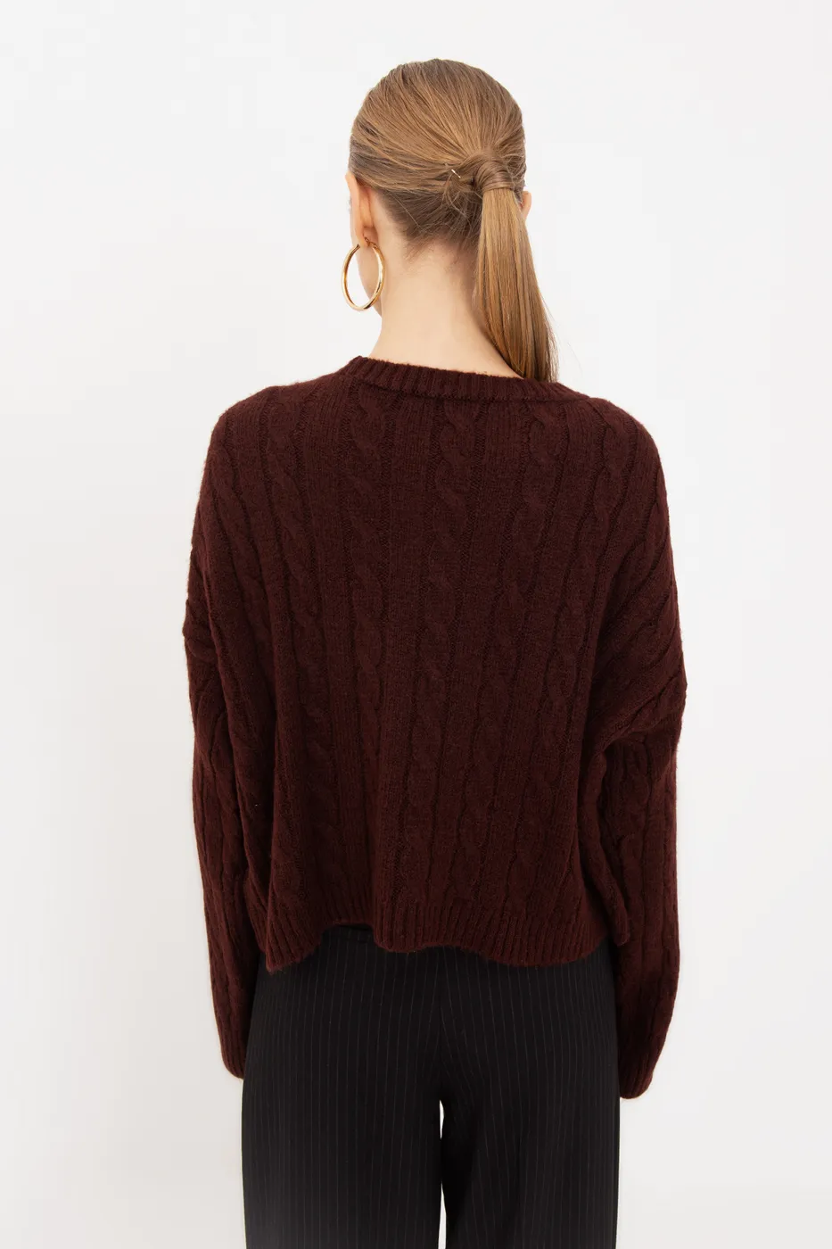 Bayan Bordo Saç Örgülü Kazak